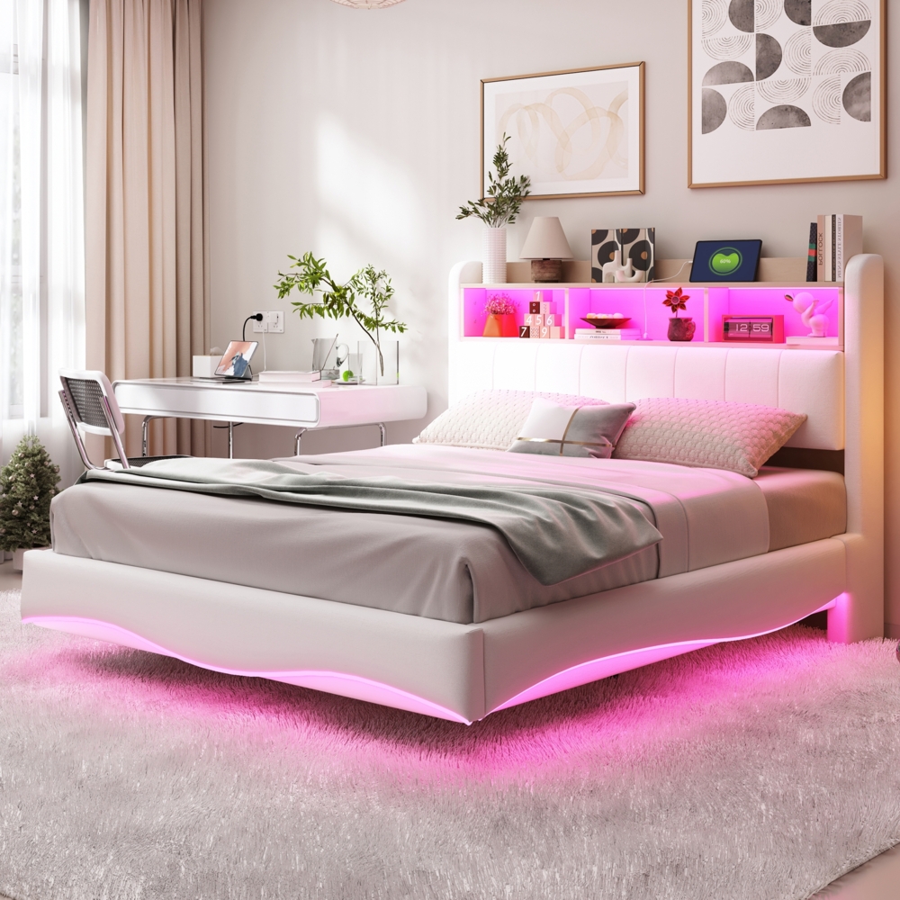 Merax Polsterbett 140*200 aus Leinenstoff, Abgehängtes Design, multifunktionales Stauraumbett mit LED-Licht, USB- und TYPE-C-Schnittstelle Beige Bild 1