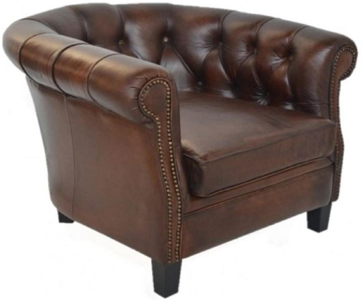 Casa Padrino Luxus Chesterfield Leder Sessel Dunkelbraun / Schwarz 80 x 80 x H. 66 cm - Echtleder Wohnzimmer Sessel - Chesterfield Wohnzimmer Möbel Bild 1