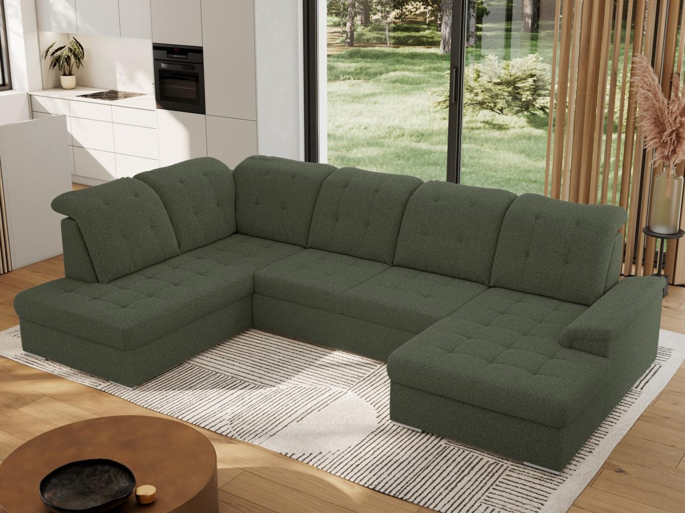 Ecksofa, Wohnzimmer U Couch, Polstersofa mit Bettkasten - MADRITO U - Grün Boucle - Links Bild 1