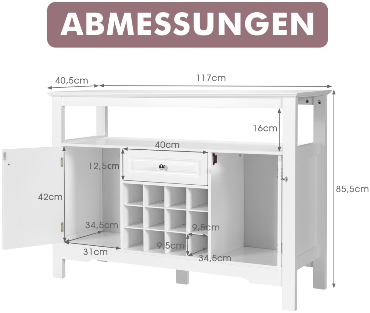 Modernes Esszimmerbuffet mit Kreuzförmigem Weinregal Offenem Regal 2 Schränken & Schublade Weiß Bild 1