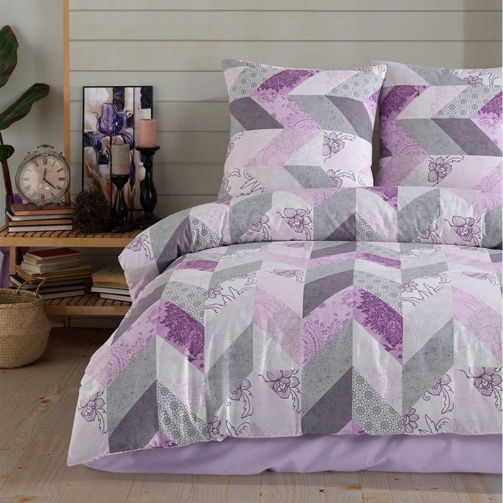 Buymax Bettwäsche Eldora, Renforcé: 100% Baumwolle, 2 teilig, 155x220 cm Kissenbezug 80x80, Reißverschluss Bettwäsche-Set, Lila Grau Bild 1