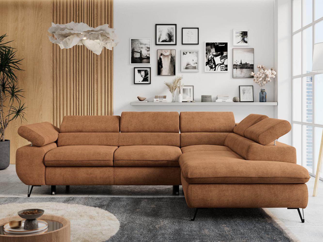 Mks Möbel 'Peter L-form' Ecksofa mit Bettfunktion, Bettkasten & einstellbaren Kopfstützen, Orange, Stoff, mit Topper, rechts Bild 1