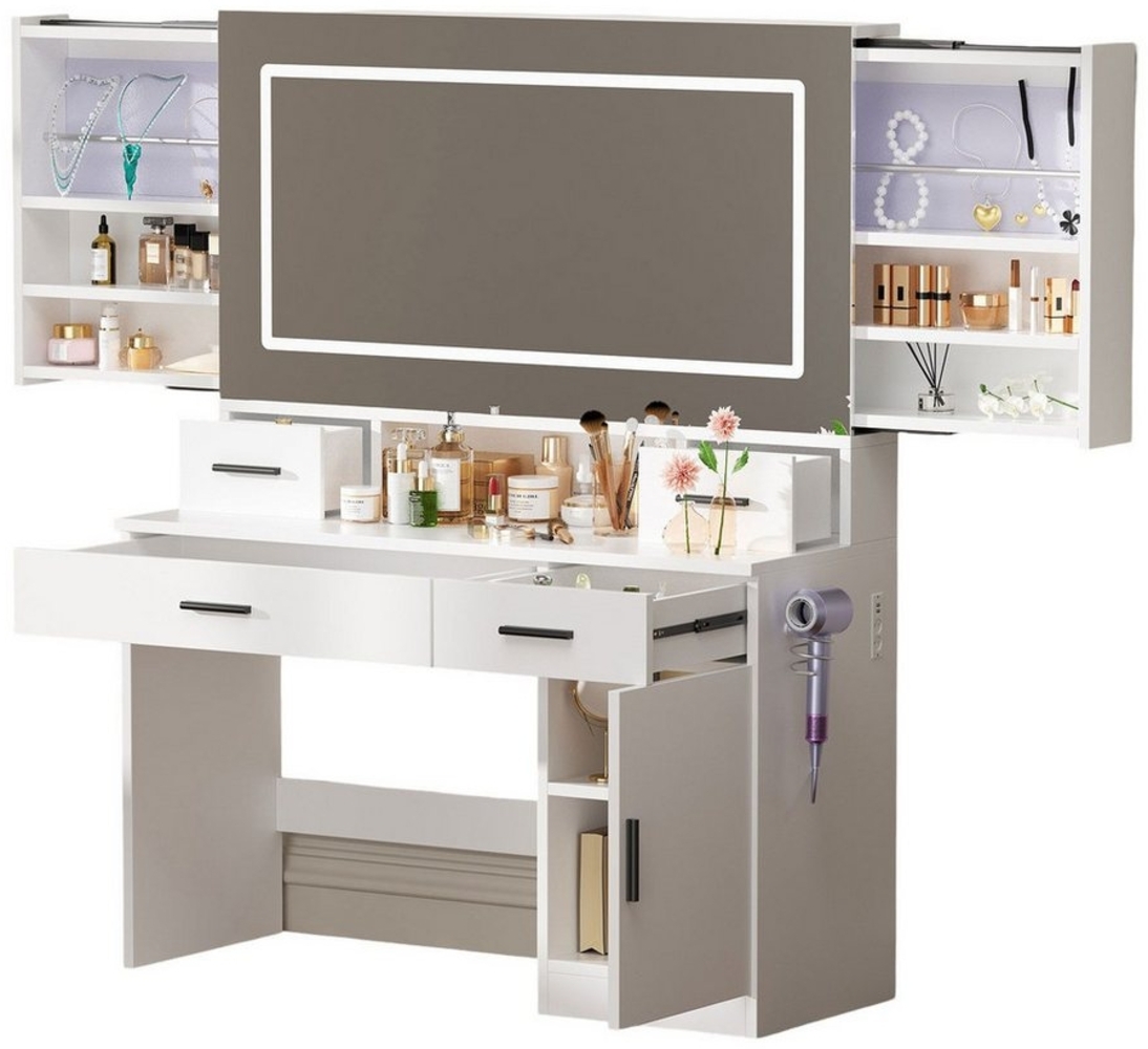 TWSOUL Schminktisch Spiegel mit verstellbarem LED Lampe, Oberteil mit Auszugsfunktion, 4 Schubladen & 4 Ladestationen, Haartrocknerhalter, 140*106cm Bild 1