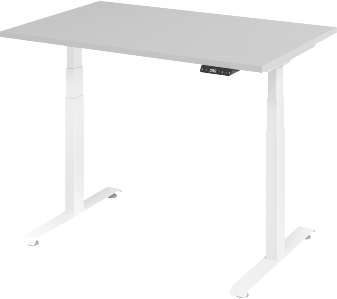 bümö höhenverstellbarer Schreibtisch 120x80 cm in grau, Gestell weiß - Höhenverstellbar Elektrisch Stehpult mit 3-fach Speicher, Computertisch, Ergonomischer Steh-Sitz Tisch, Bürotisch, LXK65-12-5-W Bild 1