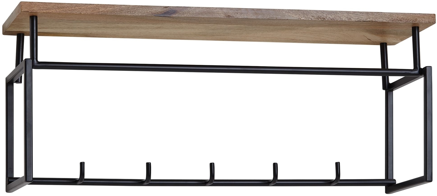Design Wandgarderobe Mango Massivholz Metall 71 x 29 x 20 cm, Hakenleiste mit Ablage und Kleiderstange, Flurgarderobe Garderobe Wand Holz Bild 1