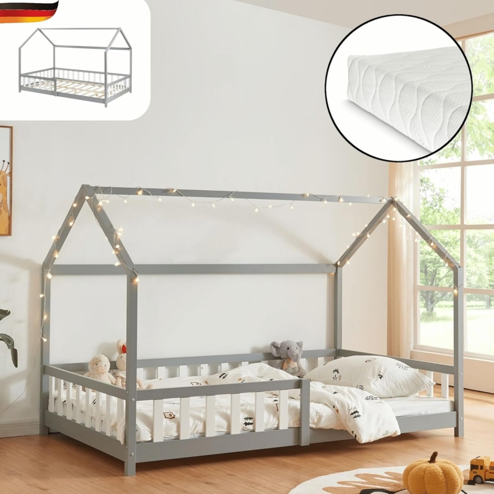 DELUKE® Kinderbett 140x200 OKLA - mit Matratze Lattenrost Rausfallschutz Haus-OptikEinzelbett aus Holz Hausbett Kinderzimmer Montessori Bett Grau Bild 1