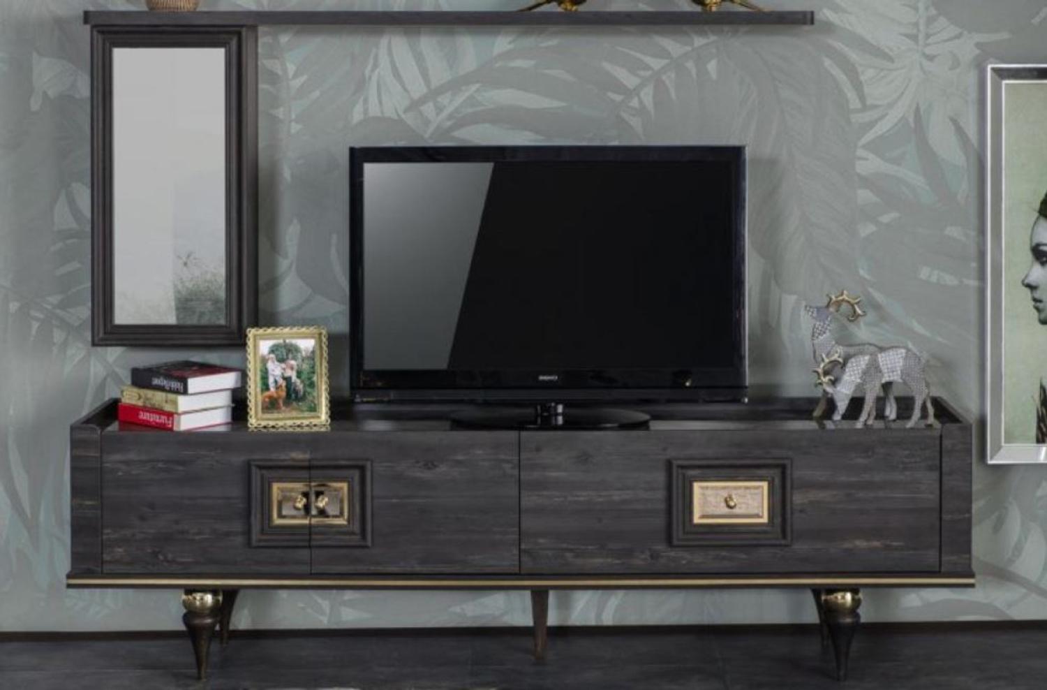 Casa Padrino Luxus Art Deco TV Schrank Grau / Schwarz / Messingfarben 226 x 44 x H. 65 cm - Edler Wohnzimmer Fernsehschrank mit Schublade und 2 Türen - Art Deco Möbel Bild 1