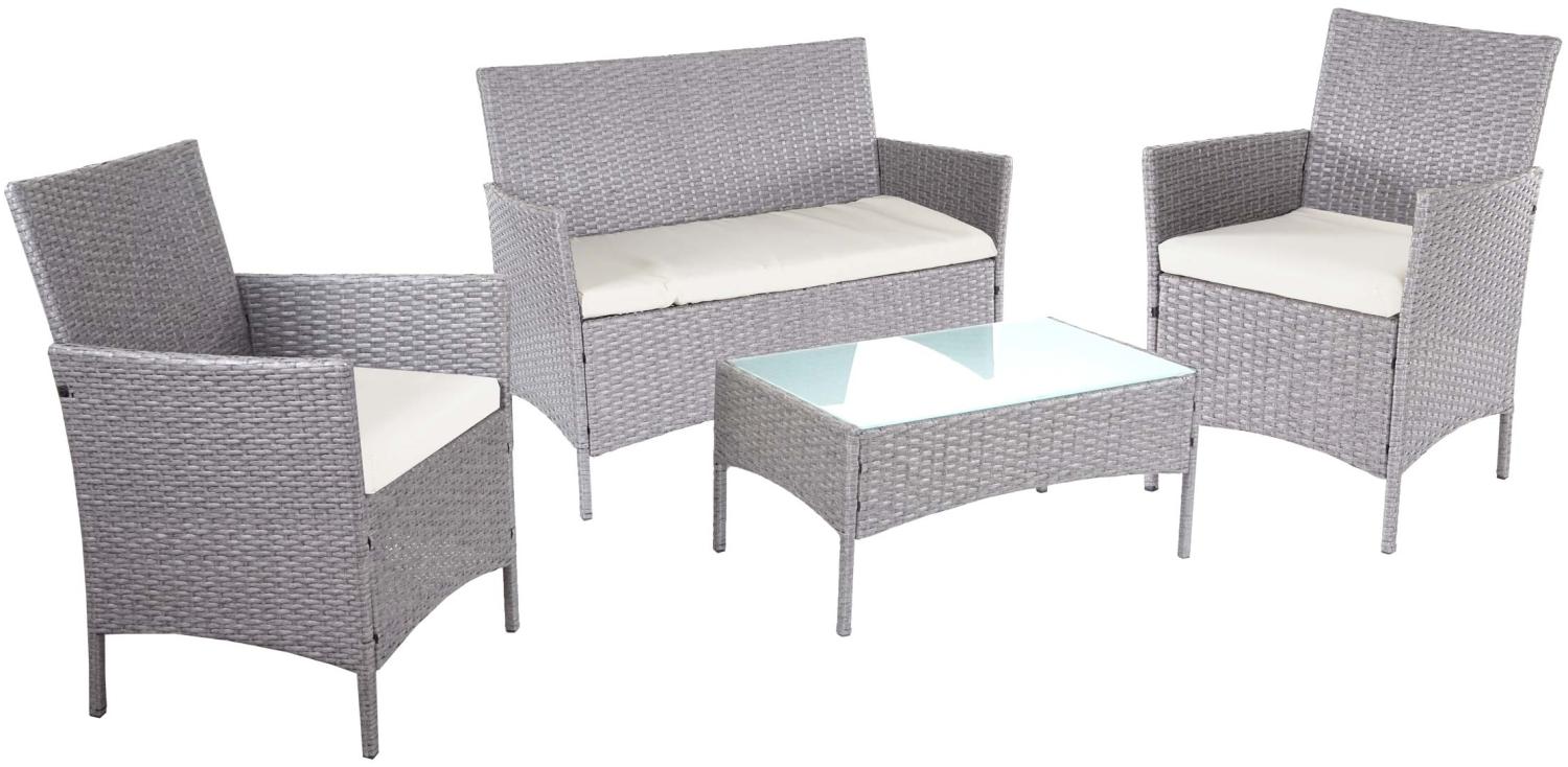 2-1-1 Poly-Rattan Garten-Garnitur Halden, Sitzgruppe Lounge-Set Sofa ~ grau, Kissen creme Bild 1