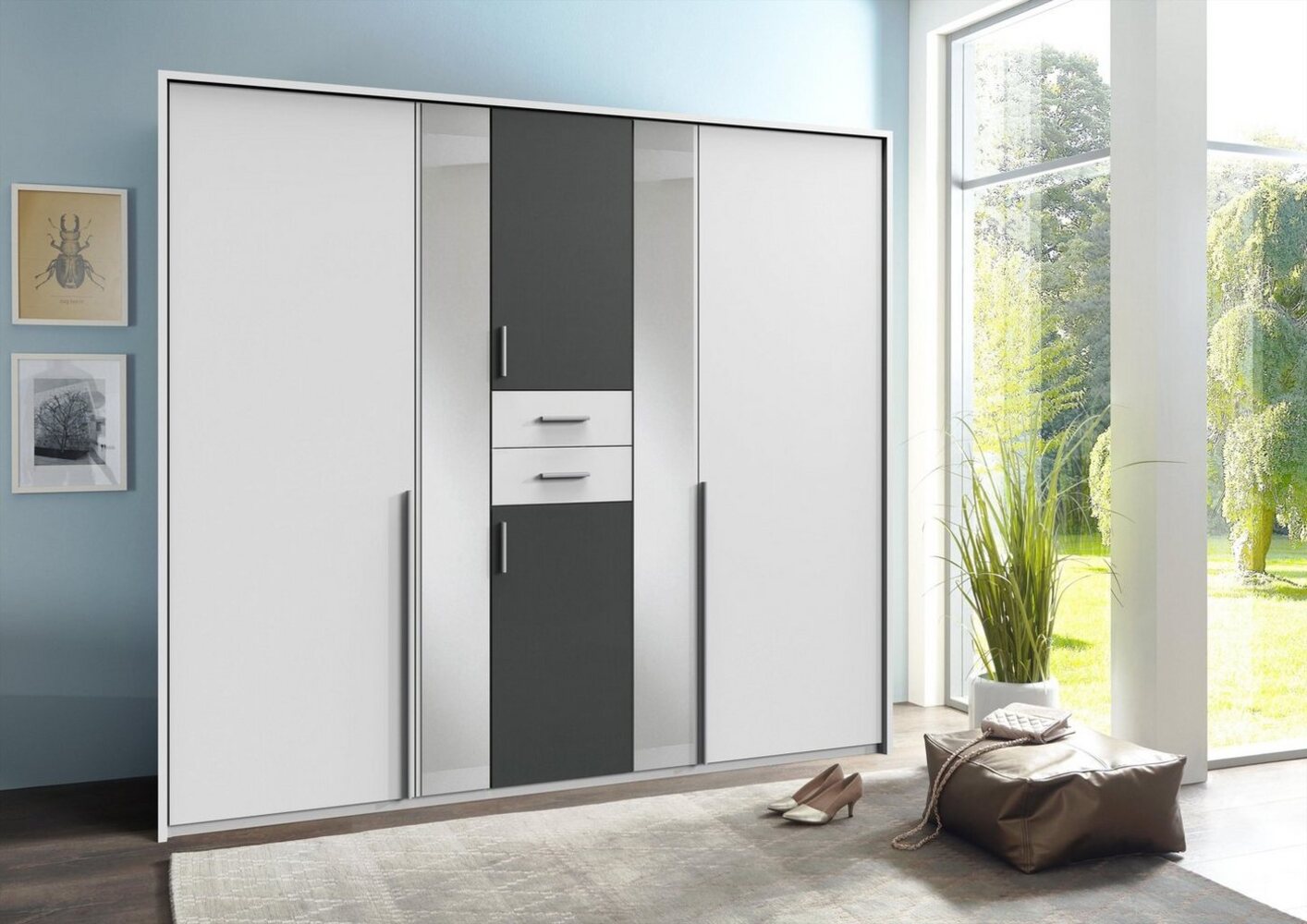 Kleiderschrank VANEA Schrank weiß graphit Spiegel 225 cm Bild 1