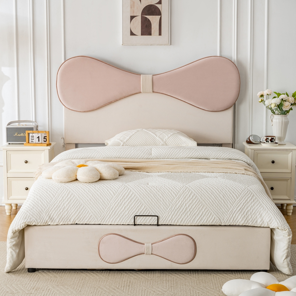 Merax 140x200cm Hydraulisch Polsterbett, Doppelbett, Verstellbares Kopfteil, Fliege gepolstertes Kopfteil, Bett mit Lattenrost aus Metallrahmen, Modernes Bettgestell mit Stauraum, Samt, Beige+Rosa Bild 1
