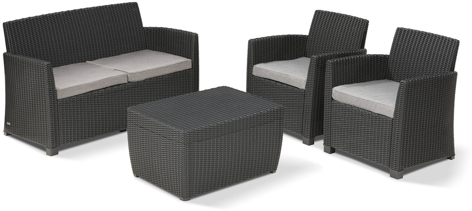 Dmora Loungeset für draußen Langley, Outdoor-Lounge mit Couchtisch, Terrassenset mit Kissen, 135x72 h76 cm, Anthrazit Bild 1