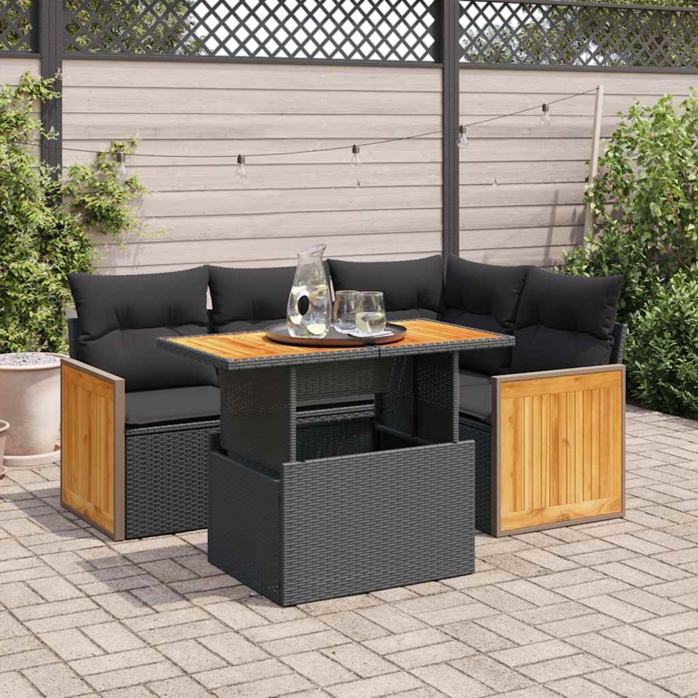 vidaXL 5tlg. Garten-Sofagarnitur mit Kissen Schwarz Poly Rattan Akazie 3327702 Bild 1