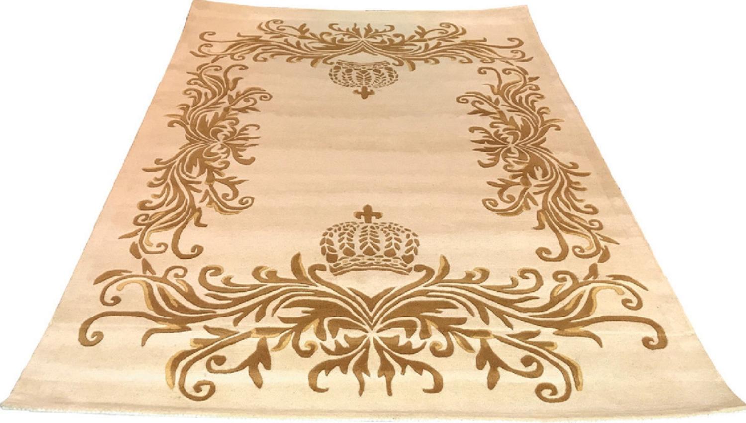 Pompöös by Casa Padrino Luxus Teppich von Harald Glööckler 170 x 240 cm Krone Creme / Gold - Barock Design Teppich - Handgewebt aus Wolle Bild 1