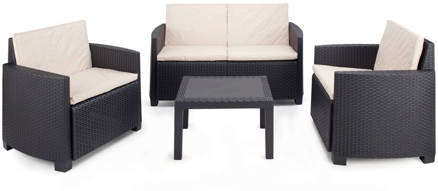 Dmora Outdoor-Lounge-Set Arabesk, Gartenkomposition mit 2 Sesseln, 1 Sofa und 1 Couchtisch, Lounge in Rattan-Optik mit Kissen, 100 % Made in Italy, Anthrazit Bild 1