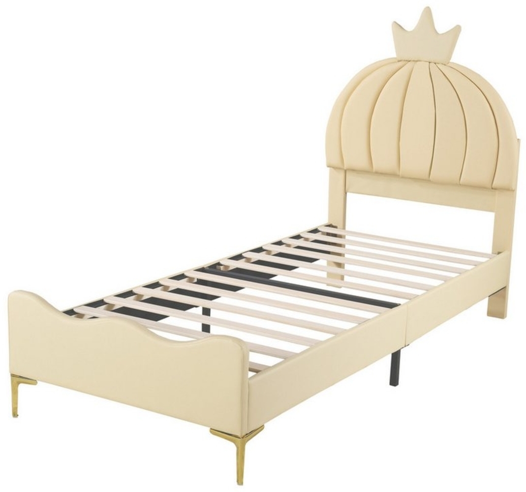 HAUSS SPLOE Polsterbett 90x200cm Cartoon-Kopfteil mit Kranzleiste, Metallfüße Kunstleder Beige (Bogenförmige Endgestaltung, Kunstlederstoff mit Lattenrost mit hohem Metallfußteil, Juniorbett Gästebett, 90x200 cm), ohne Matratze Bild 1