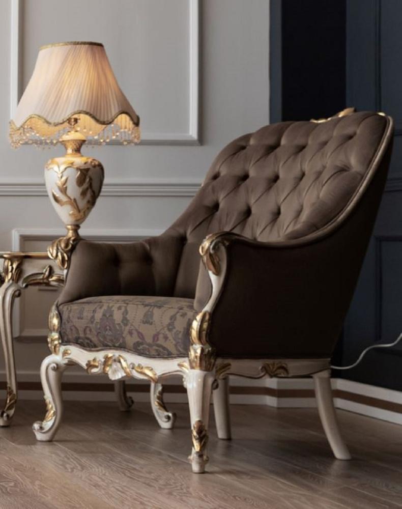 Casa Padrino Luxus Barock Sessel Braun / Cremefarben / Weiß / Gold - Eleganter Wohnzimmer Sessel im Barockstil - Barock Wohnzimmer Möbel Bild 1