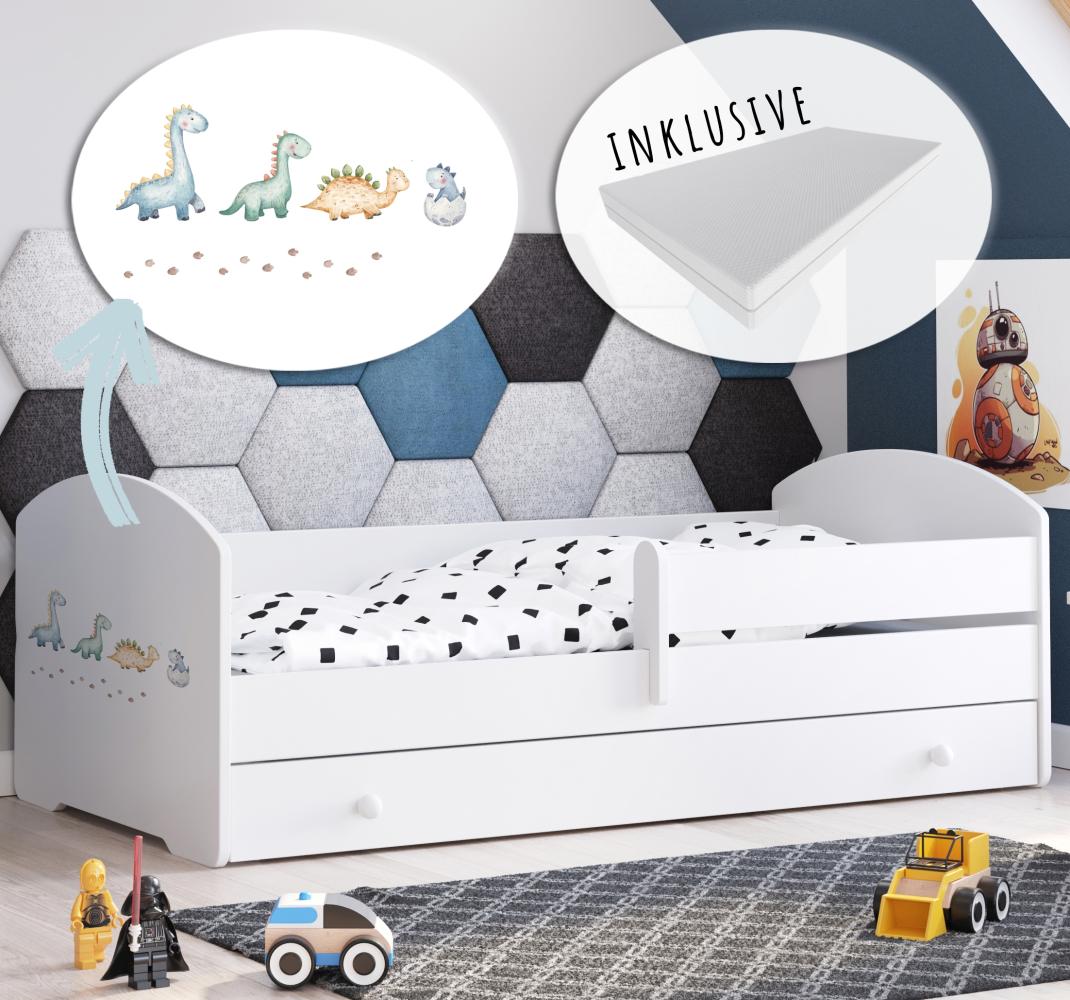 Kinderbett 140x70 cm mit Matratze und Schublade, Rausfallschutz & Lattenrost wahlweise im Dinosaurier oder Prinzessinnen Design, Bett für Jungen und Mädchen, Skandi Dino… Bild 1