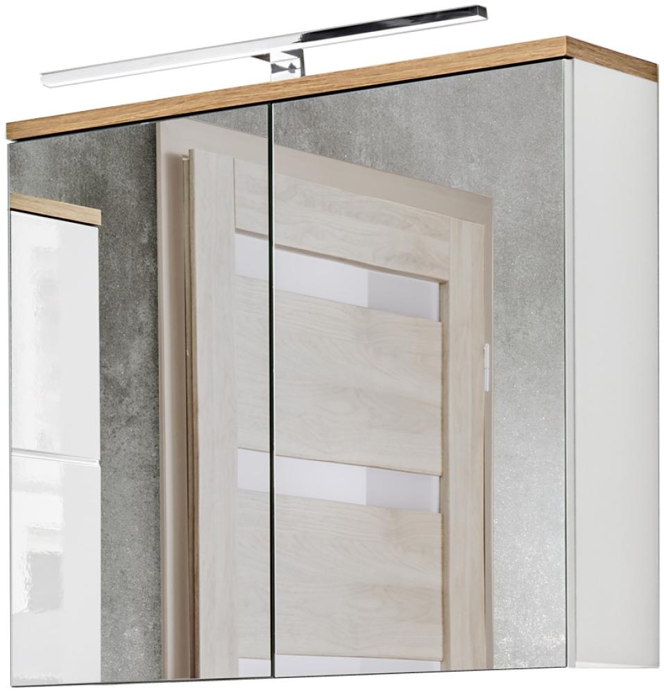 Badezimmer Spiegelschrank 80 cm LED-Beleuchtung LUTON-56 Hochglanz weiß mit Wotan Eiche Nb, B/H/T ca. 80/70/20 cm Bild 1