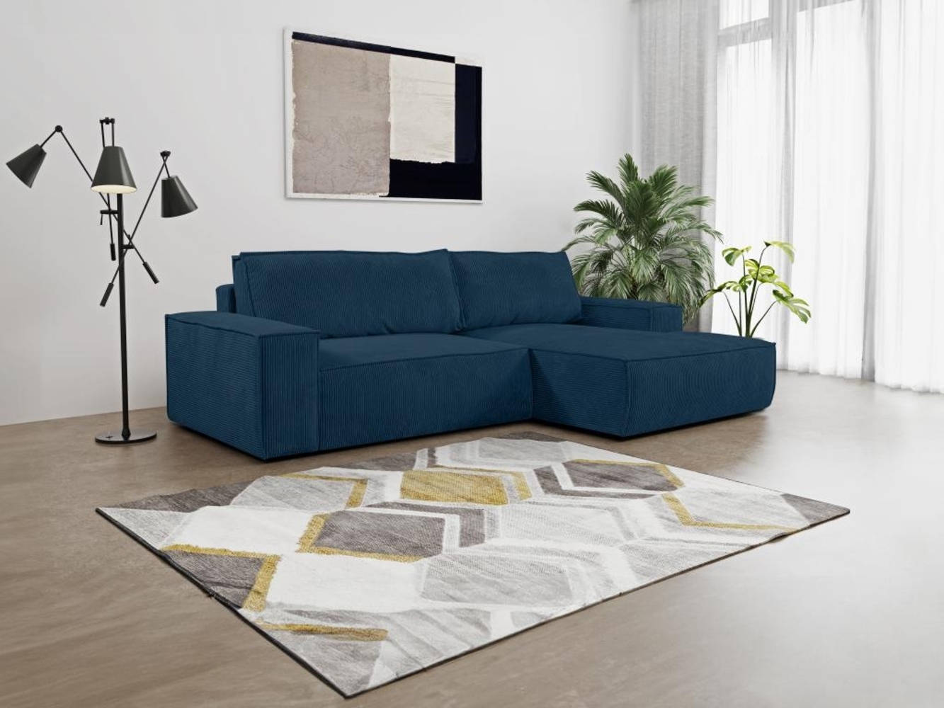 Vente-unique - Ecksofa mit Schlaffunktion - Ecke Rechts - Cord - Blau - AMELIA Bild 1