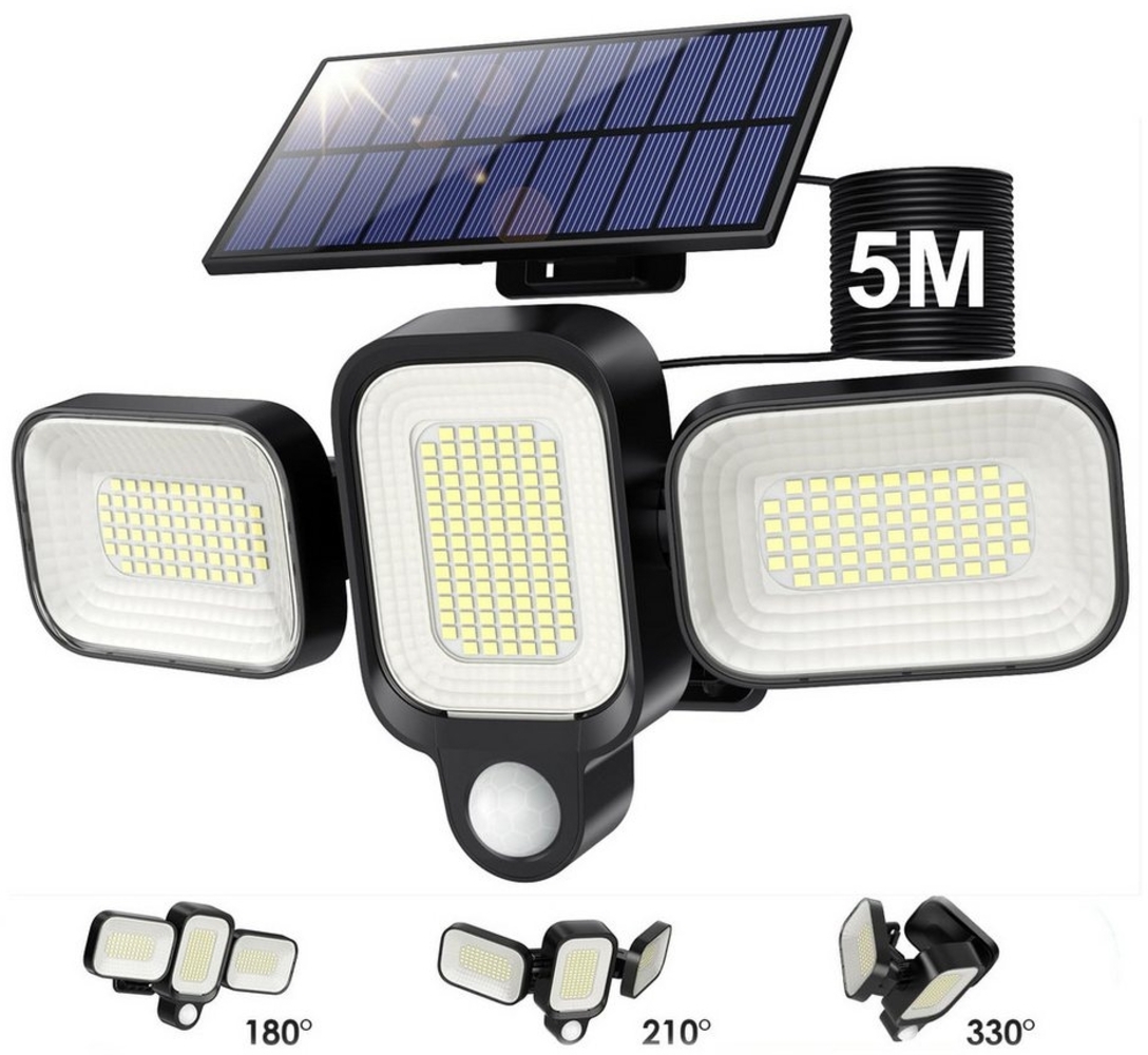 Jibenhome LED Solarleuchte 225 LED-Solarleuchten,IP65 Solar-Wandleuchte,3 Kopf & 3 Modi, Bewegungserkennung mit 5M Verlängerungskabel, Wasserdicht für Inner/Außen Garten, Garage Bild 1