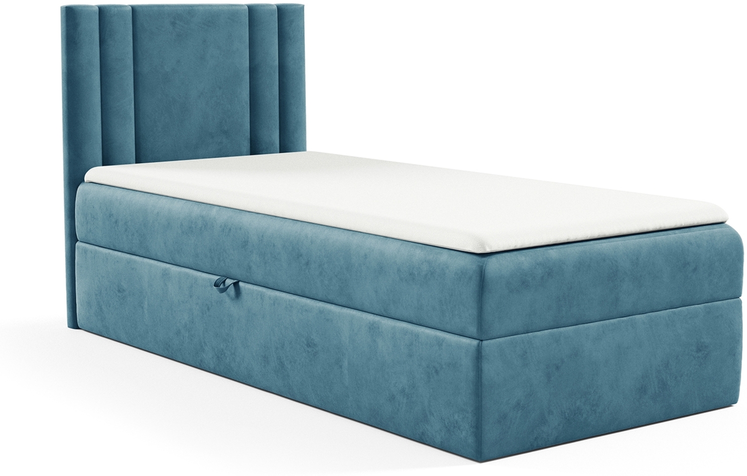 MEBLINI Kinderbett mit Bettkasten CARDI 90x200 Links – H3/Blau Samt Gepolstert Einzelbett mit Matratze - Polsterbett mit Stauraum - Bett mit Kopfteil – Stauraumbett Bild 1