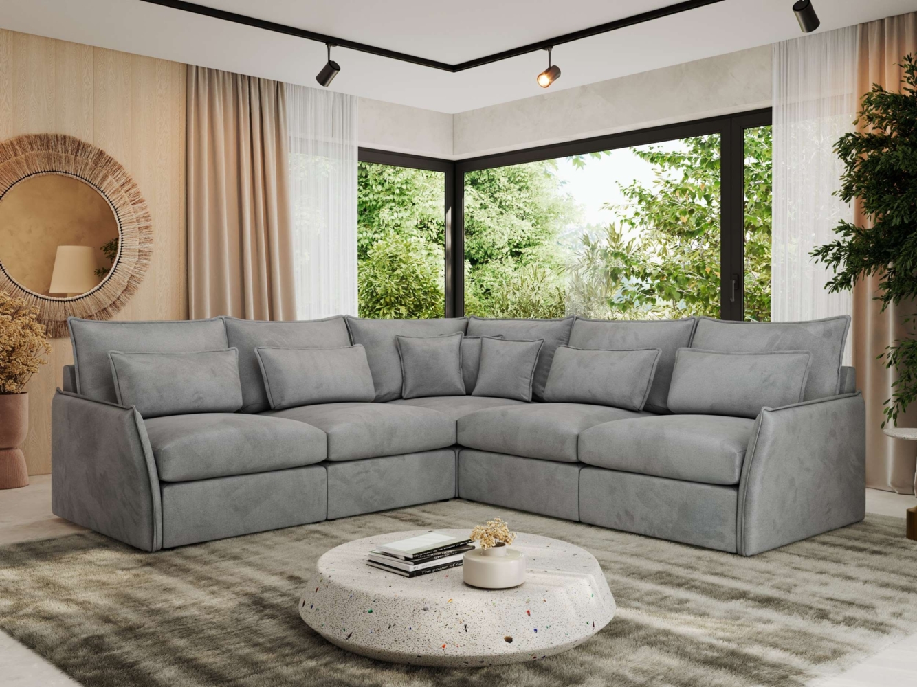 Ecksofa für Wohnzimmer, L-förmige Ecke mit losen Kissen, modular 4-Sitzer couchgarnitur - VERSO - Hellgrau Velours Bild 1