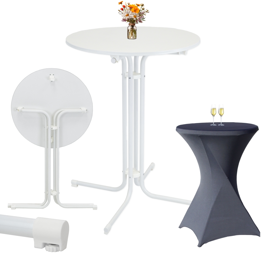 Set Stehtisch klappbar Ø 80 cm in Weiß & Husse Anthrazit bügelfrei für Gastrotisch Bistrotisch Bild 1