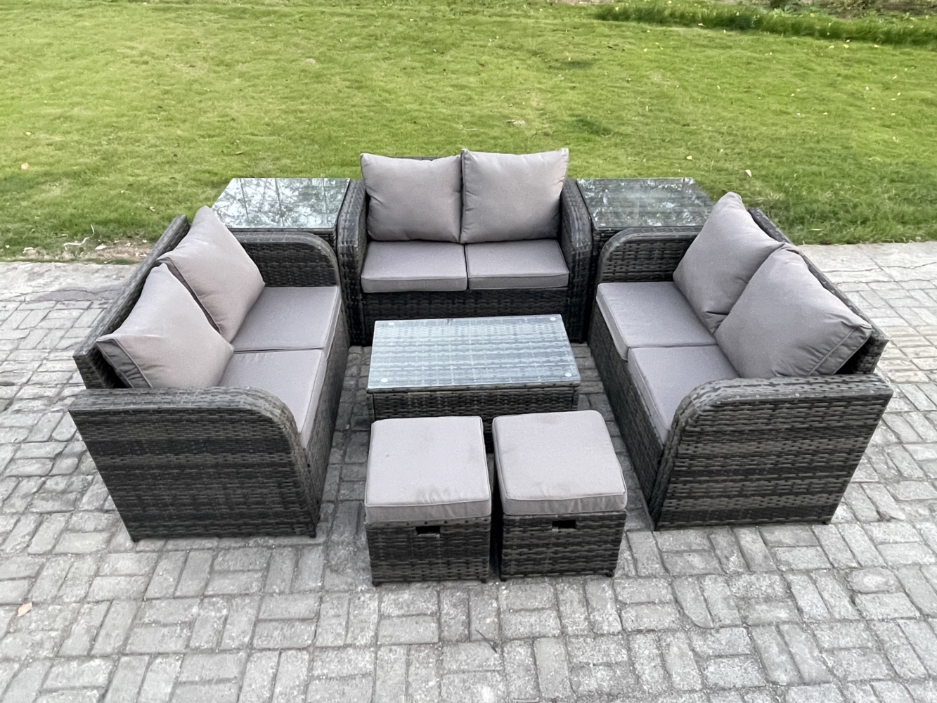 Fimous Polyrattan Gartenmöbel Set 8-Sitzer Garten Sofa im Freien Set mit Love Sofa Couchtisch 2 Beistelltischen 2 kleine Fußhockern Dunkelgrau Gemischt Bild 1