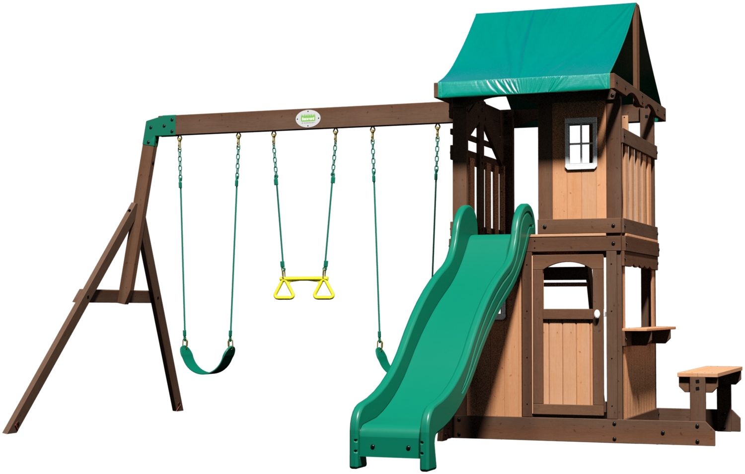 Backyard Discovery Lakewood Spielturm aus Holz XXL Spielhaus für Kinder mit Rutsche, Schaukel, Trapez & Picknicktisch | Braun, grün | Holz | 430.00 cm Bild 1