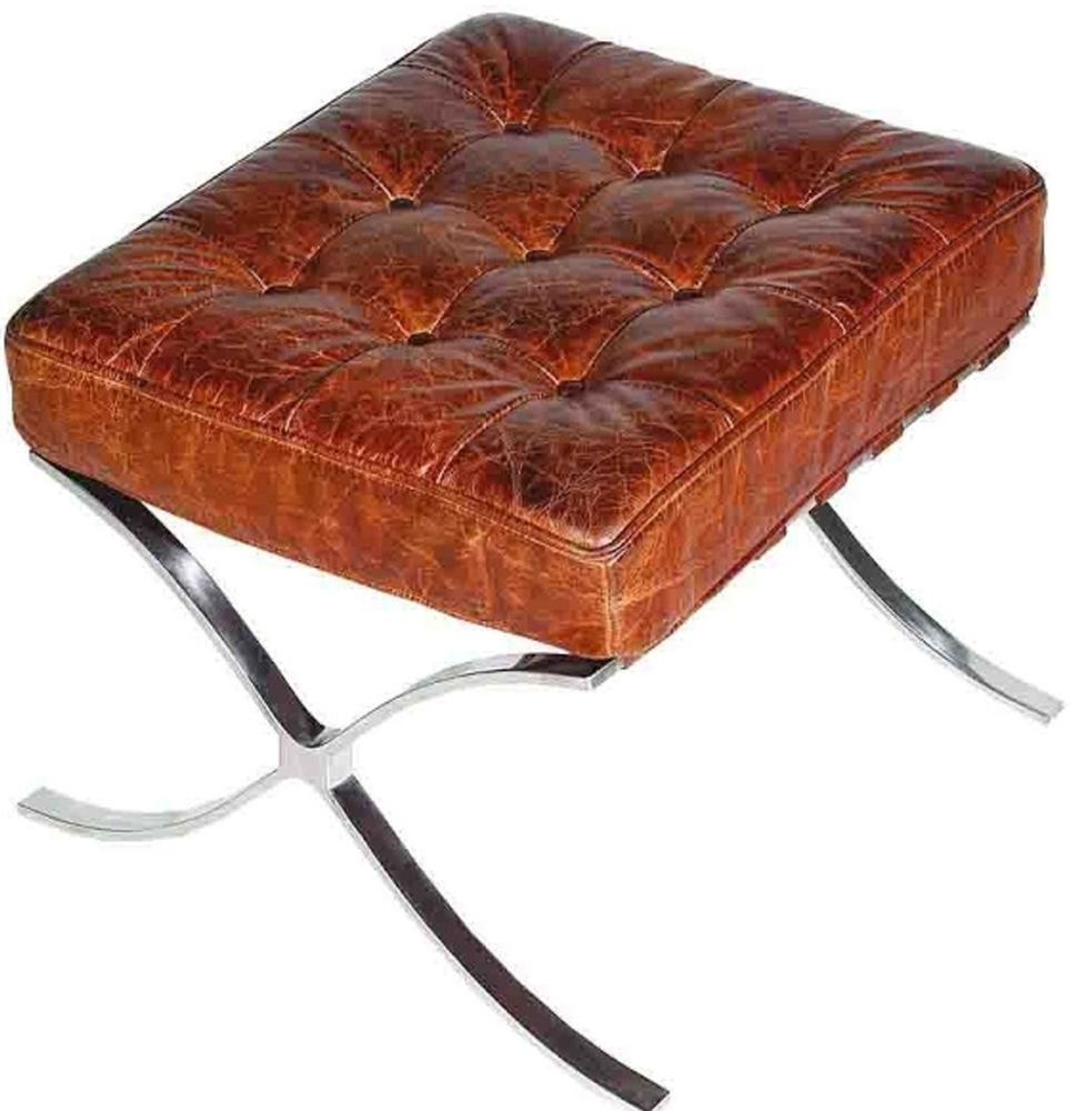 Casa Padrino Echtleder Fußhocker Vintage Braun / Silber 56 x 53 x H. 43 cm - Handgefertigte Chesterfield Möbel Bild 1