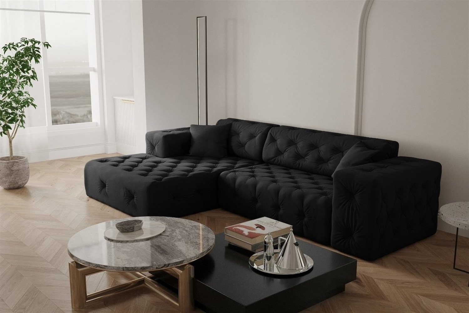 Ecksofa Designersofa CHANTAL in Stoff Opera Velvet Schwarz Ottomane Links Bild 1