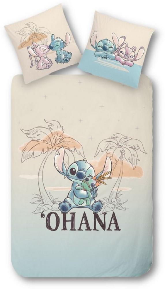 MTOnlinehandel Bettwäsche Disney's Lilo & Stitch "OHANA" 135x200 + 80x80 cm, 100 % Baumwolle, Renforcé, 2 teilig, Kinderbettwäsche mit Schriftzug, Angel & Stitch Bild 1