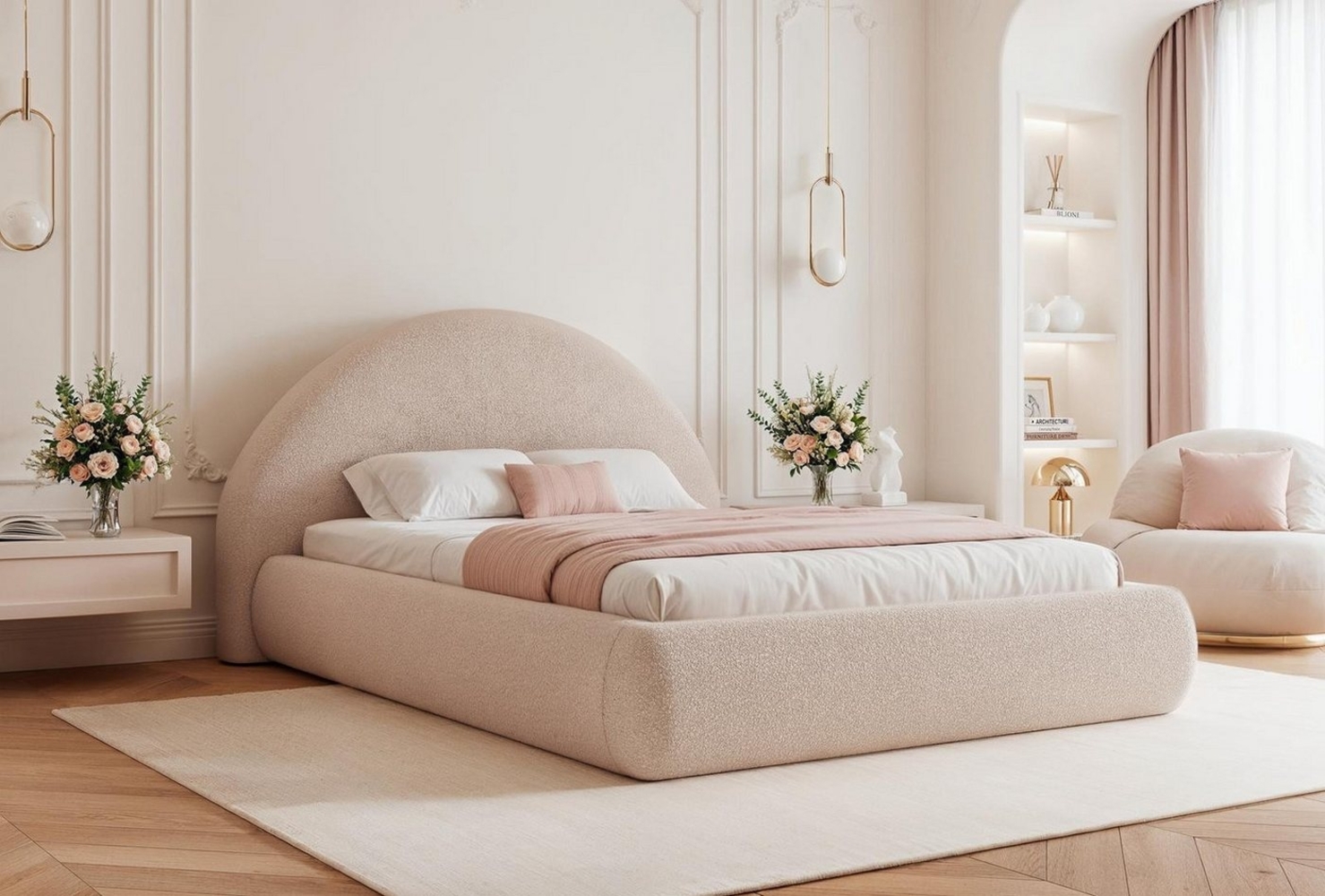 Compleo Polsterbett glamourös, Designerbett mit Bettkasten und Lattenrost, rundes Kopfteil Bild 1