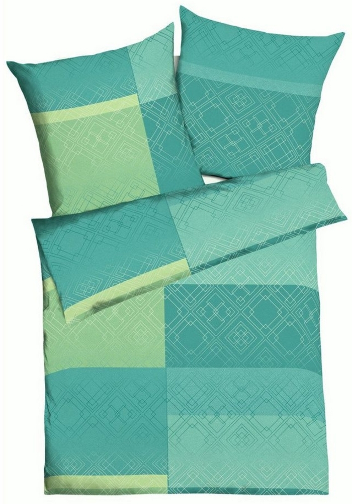 JACK Bettwäsche 200x200cm Gatsby Grün Grau Ratuen Streifen Rechteck, Mako-Satin, 3 teilig, wunderschönes elegantes Motiv mit Quadraten Bild 1