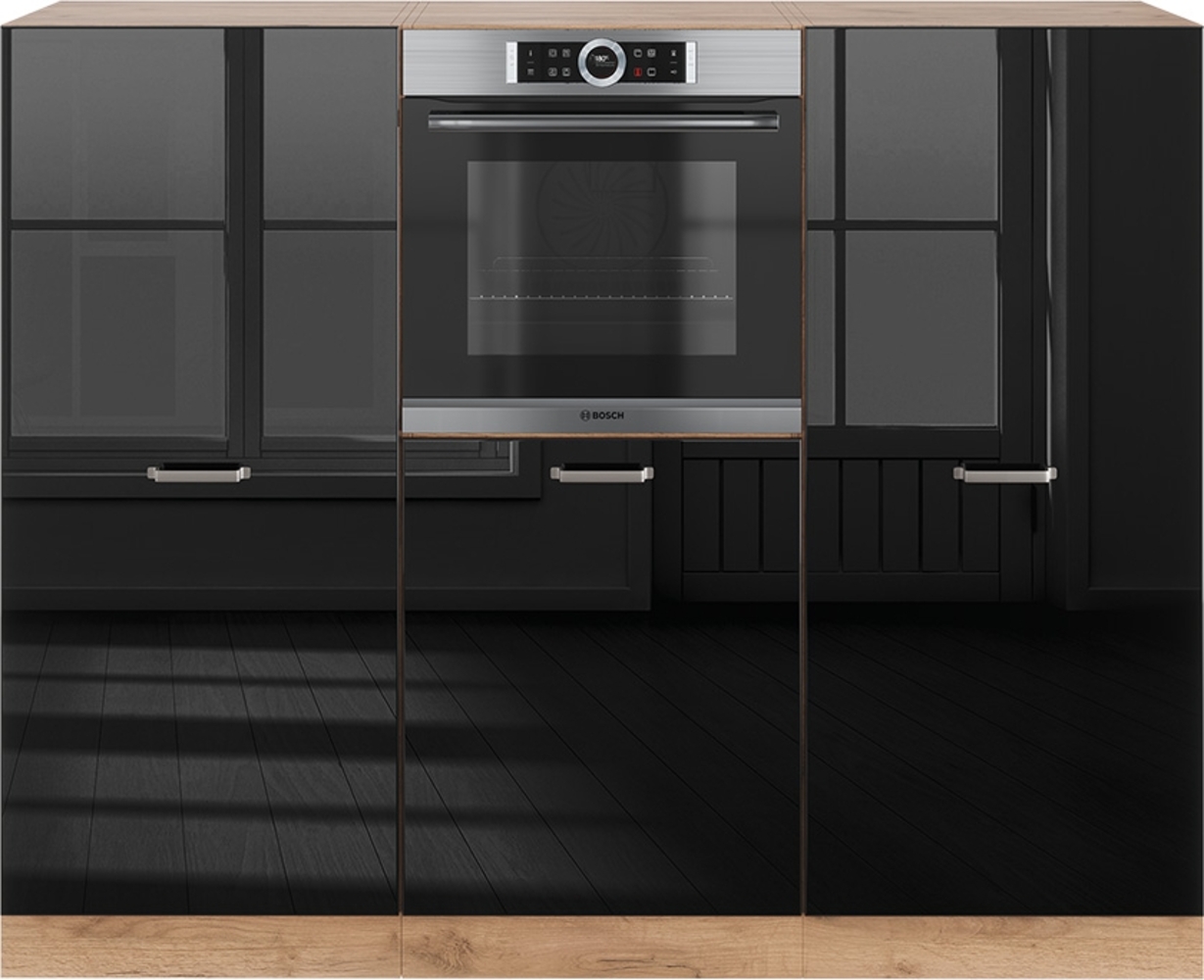 Einbauküche R-Line Schwarz Hochglanz/Goldkraft Eiche 180 cm ohne Arbeitsplatte Vicco Bild 1