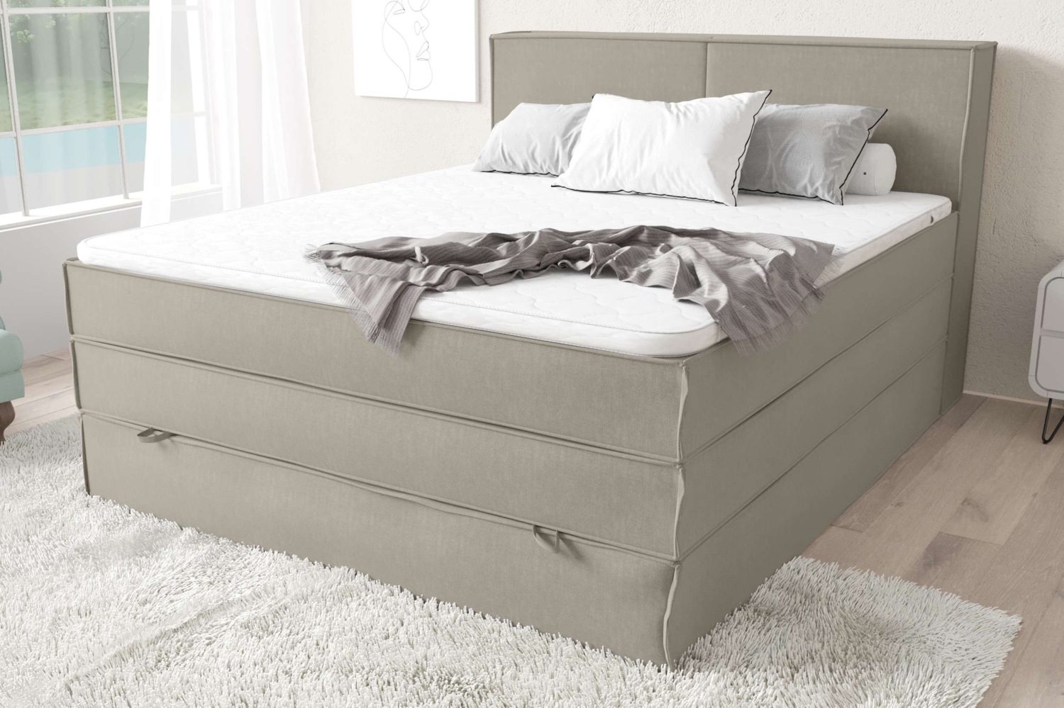 99rooms Santiago Boxspringbett Beige Strukturstoff INARI 120x200 cm Taschen-Federung Bild 1