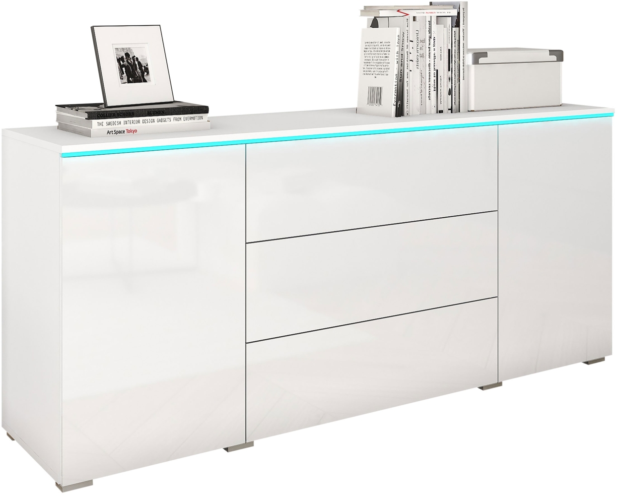 Kommode Doppo 150 (Farbe: Weiß / Weiß Hochglanz, mit RGB LED Beleuchtung) Bild 1