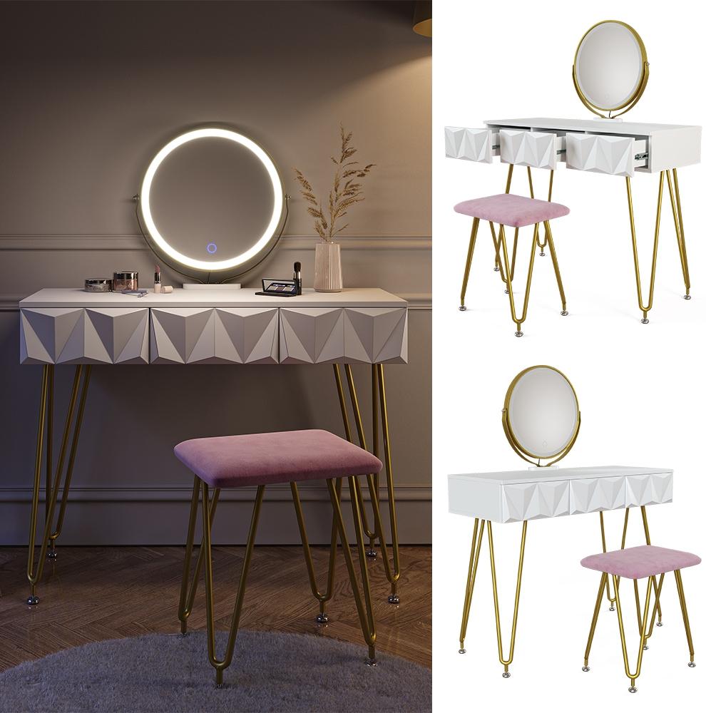 Vicco 'Ruby' Schminktisch mit LED-Beleuchtung und Hocker, Holzspanplatte weiß / pink / gold, 100 x 40 x 79 cm Bild 1
