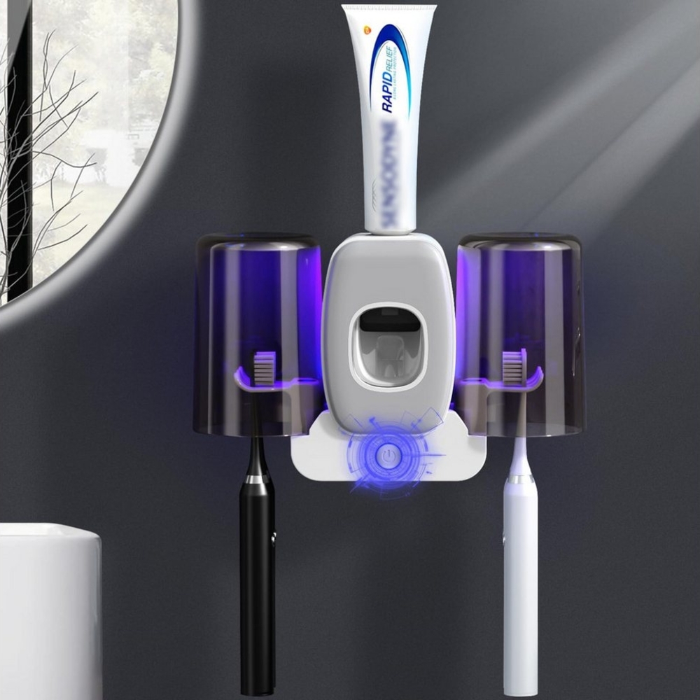 ZEUOPQ Zahnbürstenhalter Zahnbürstenhalter UV Desinfektions Zahnbürsten Halter mit 4 Schlitze, (Automatischer Zahnpastaspender, mit 2 herausnehmbarer Becher, 20*6.6*13cm, für eine vierköpfige Familie), mit starkem Aufkleber, ohne Bohren Bild 1