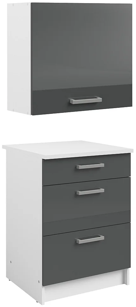 Vente-unique - Küchenschränke – 1 Unterschrank & 1 Oberschrank – 3 Schubladen & 1 Tür – Glänzend Grau & Weiß – TRATTORIA Bild 1