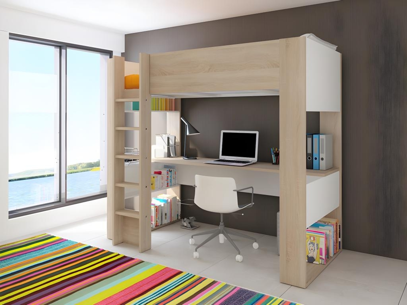 Vente-unique - Hochbett mit Schreibtisch & Stauraum - 90 x 200 cm - Eichefarben & Weiß - NOAH II Bild 1