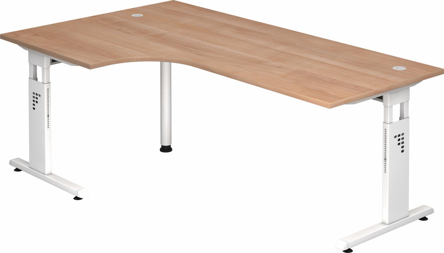 bümö höhenverstellbarer Eckschreibtisch O-Serie 200x120 cm in Nussbaum, Gestell in weiß - Schreibtisch L Form, großer Tisch für's Büro, Computertisch höhenverstellbar, OS-82-N-W Bild 1