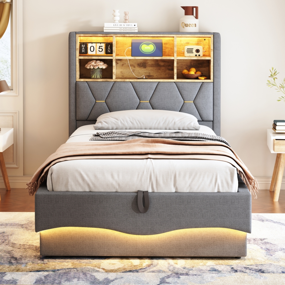 Kinderbett 90x200 cm mit LED, USB & Hydraulik-Stauraum, ohne Matratze, Leinen Grau Bild 1