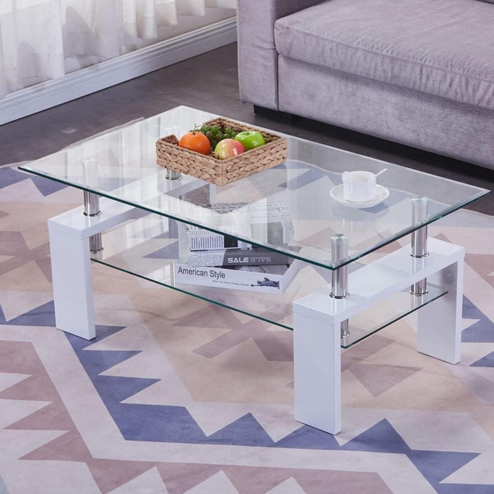 Moderne Couchtisch Glas Weiß Hochglanz Rechteckig 100x60x45cm - Wohnzimmer Bild 1
