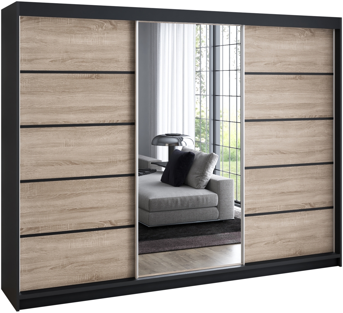 A&J MöbelLand 'Vilano' Schwebetürenschrank mit 4 Schubladen und Spiegel, Spanplatte, 215 x 59,5 x 200 cm, Natur / Natur / Schwarz / Schwarz Bild 1