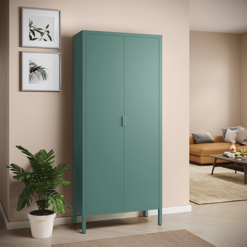 skølm 'Ituri' Kleiderschrank, Metall, 170x45x80 cm, dunkelgrün, Garderobe mit 4 Fächern und 2 Kleiderstangen Bild 1