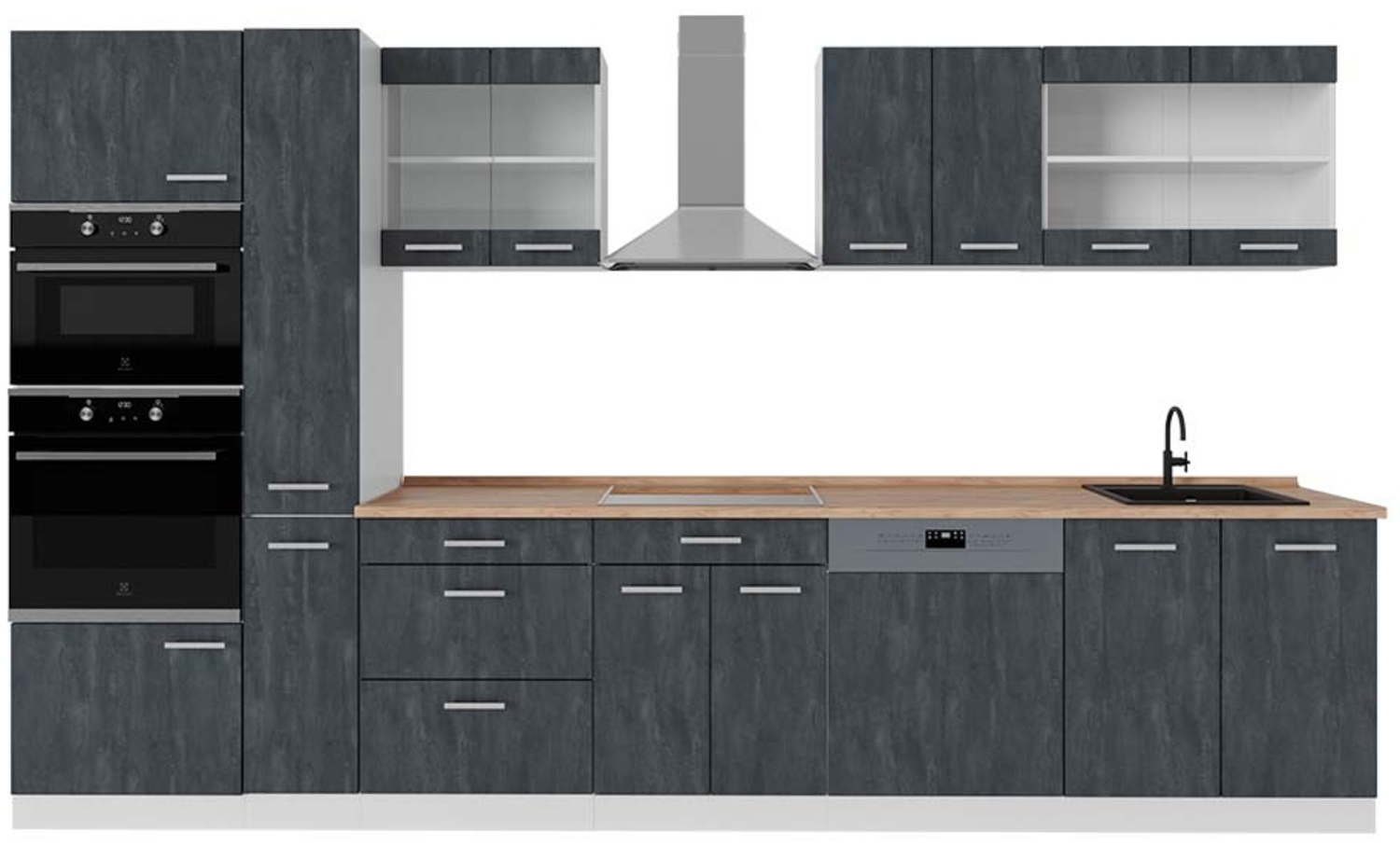 Vicco Komplettküche Schwarz Beton/Weiß 350 cm AP Eiche, R-Line Bild 1