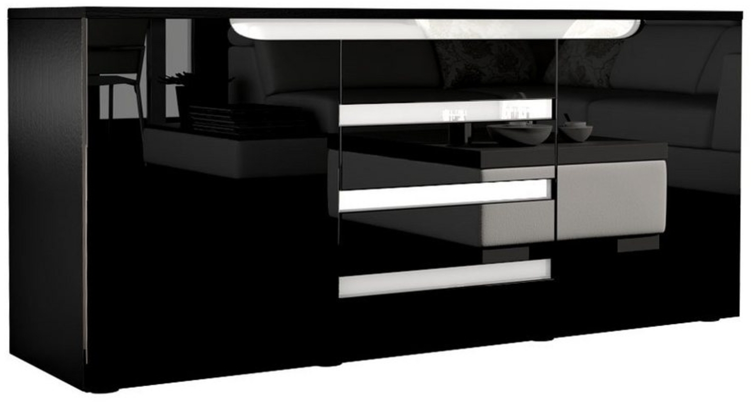 Sideboard Kommode Sylt V1, Korpus in Schwarz matt / Front in Schwarz Hochglanz mit Absetzungen in Weiß Hochglanz (139 x 72 x 35) Bild 1