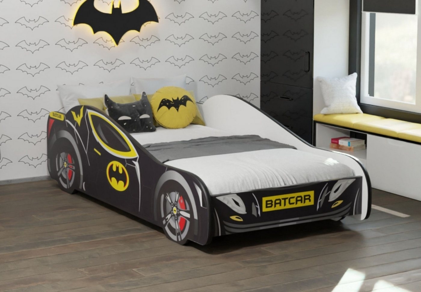 Kids Collective Autobett 70x140, 80x160 cm Kinderbett Jugendbett mit Rausfallschutz (Spielbett Batman Batmobil Bat Car Auto), Bett in schwarz Kinderbett 70x140 cm optional mit Matratze Bild 1