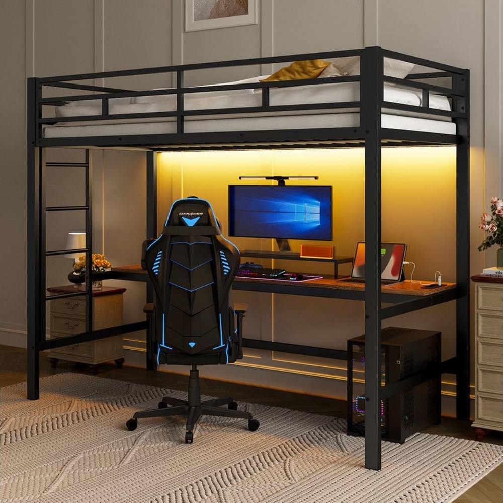 TavilaEcon Hochbett mit Geländer und Trittleiter, Tisch mit USB und Steckdose mit LED-Leuchten, ohne Matratze, 90×200cm, Schwarz Bild 1